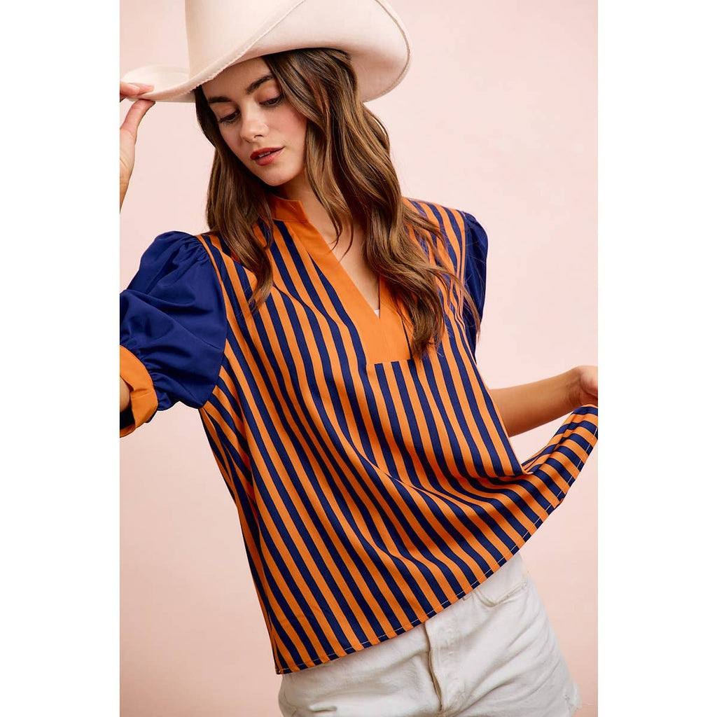 GAMEDAY THEME STRIPED WOVEN BLOUSE TOP