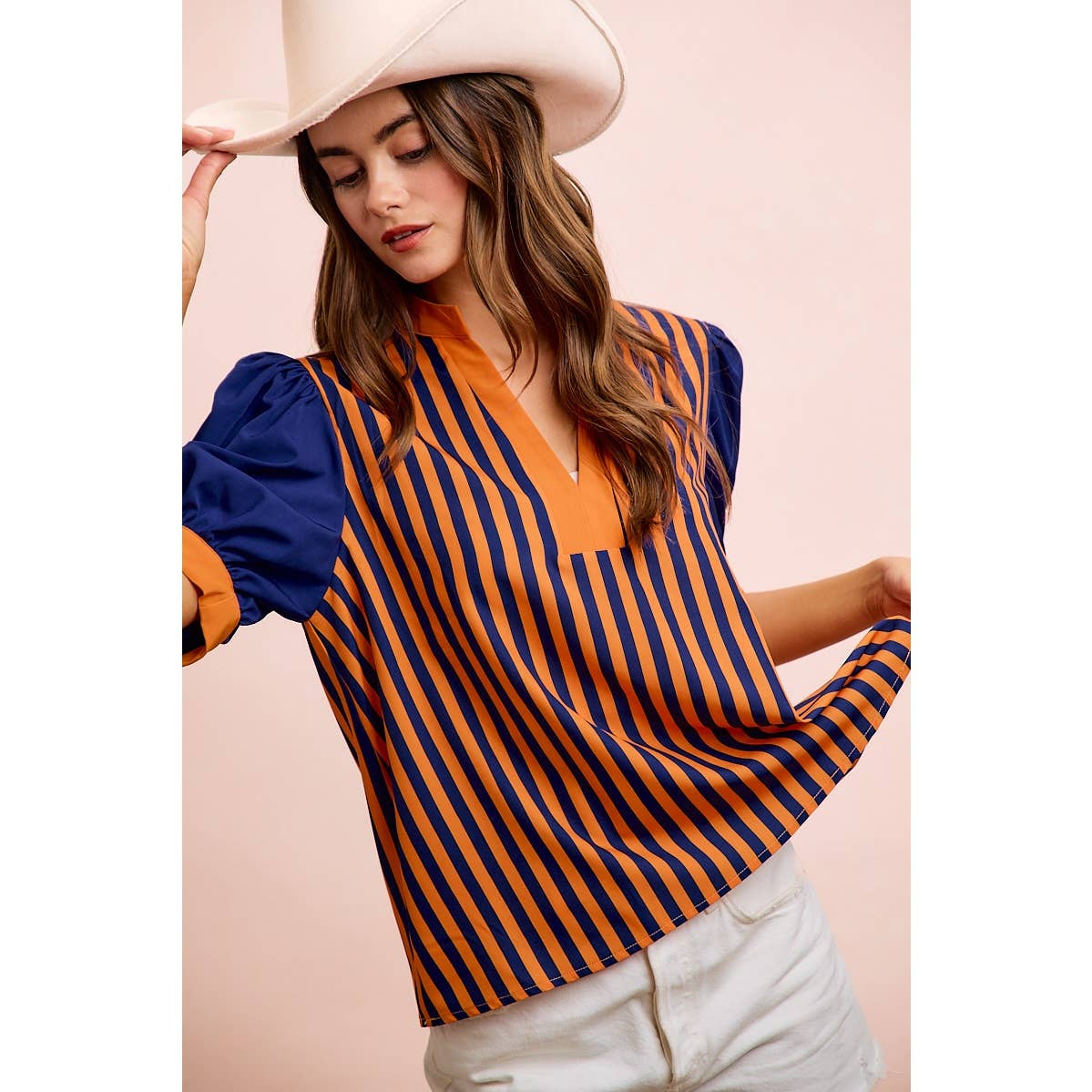 GAMEDAY THEME STRIPED WOVEN BLOUSE TOP