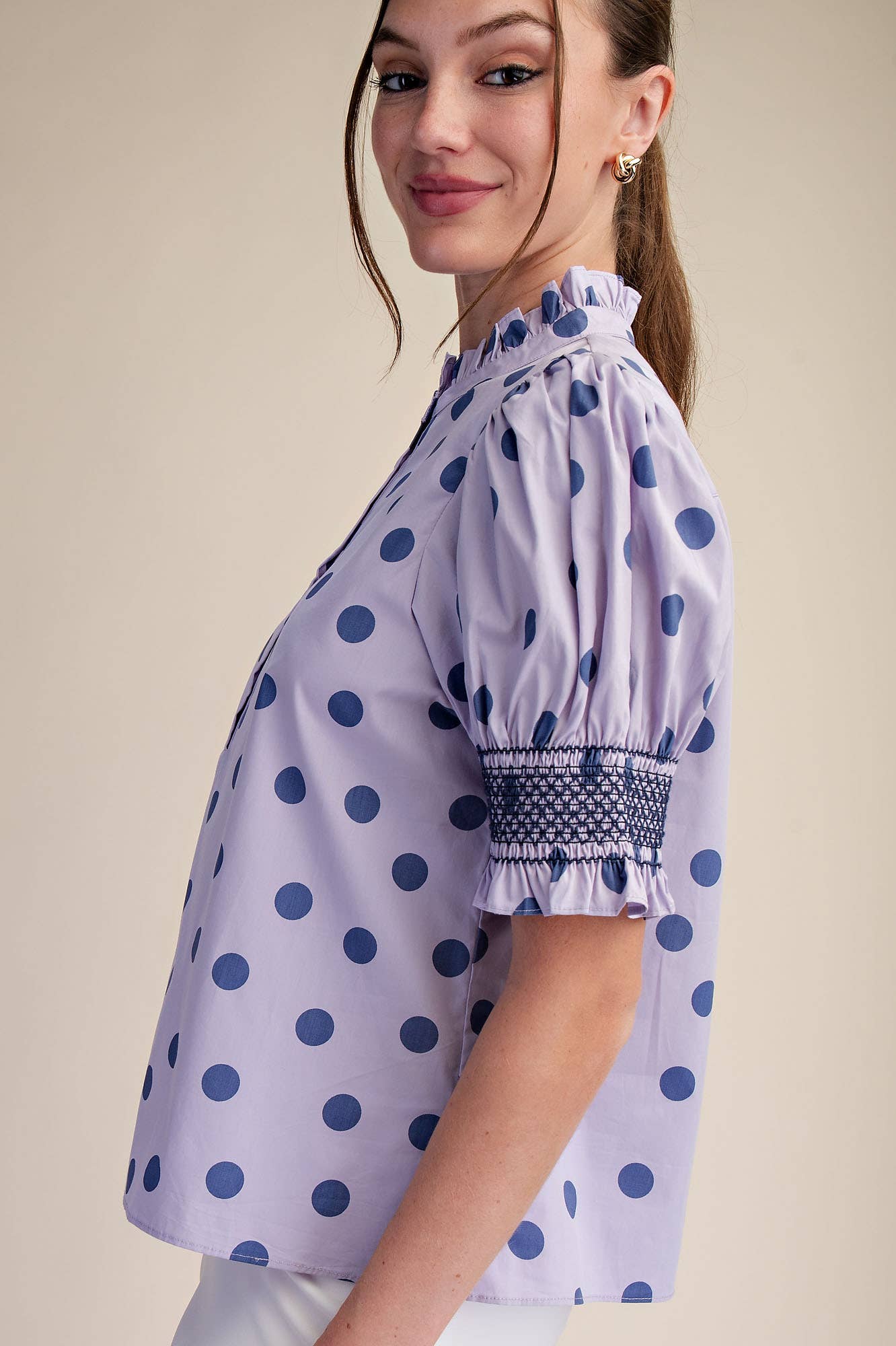 Ruffle neck Polka Dot Puff Sleeve Blouse