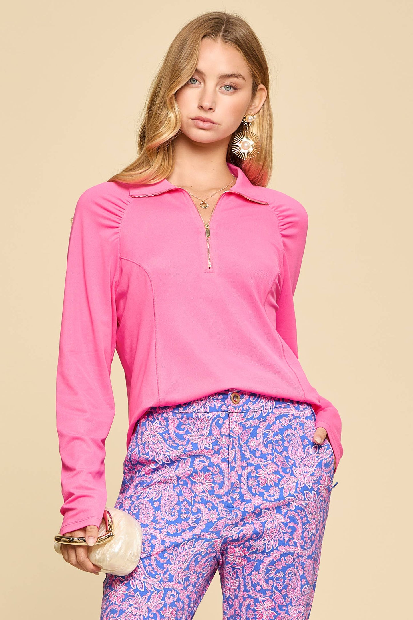 Sun-Cool Shirred Shoulder Long Sleeve Blouse