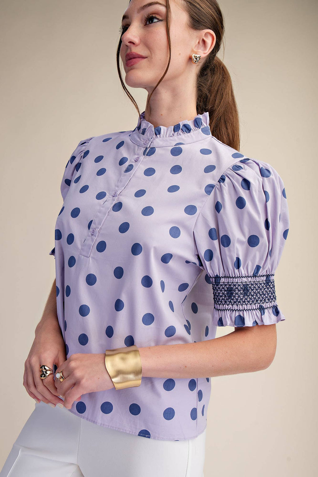 Ruffle neck Polka Dot Puff Sleeve Blouse