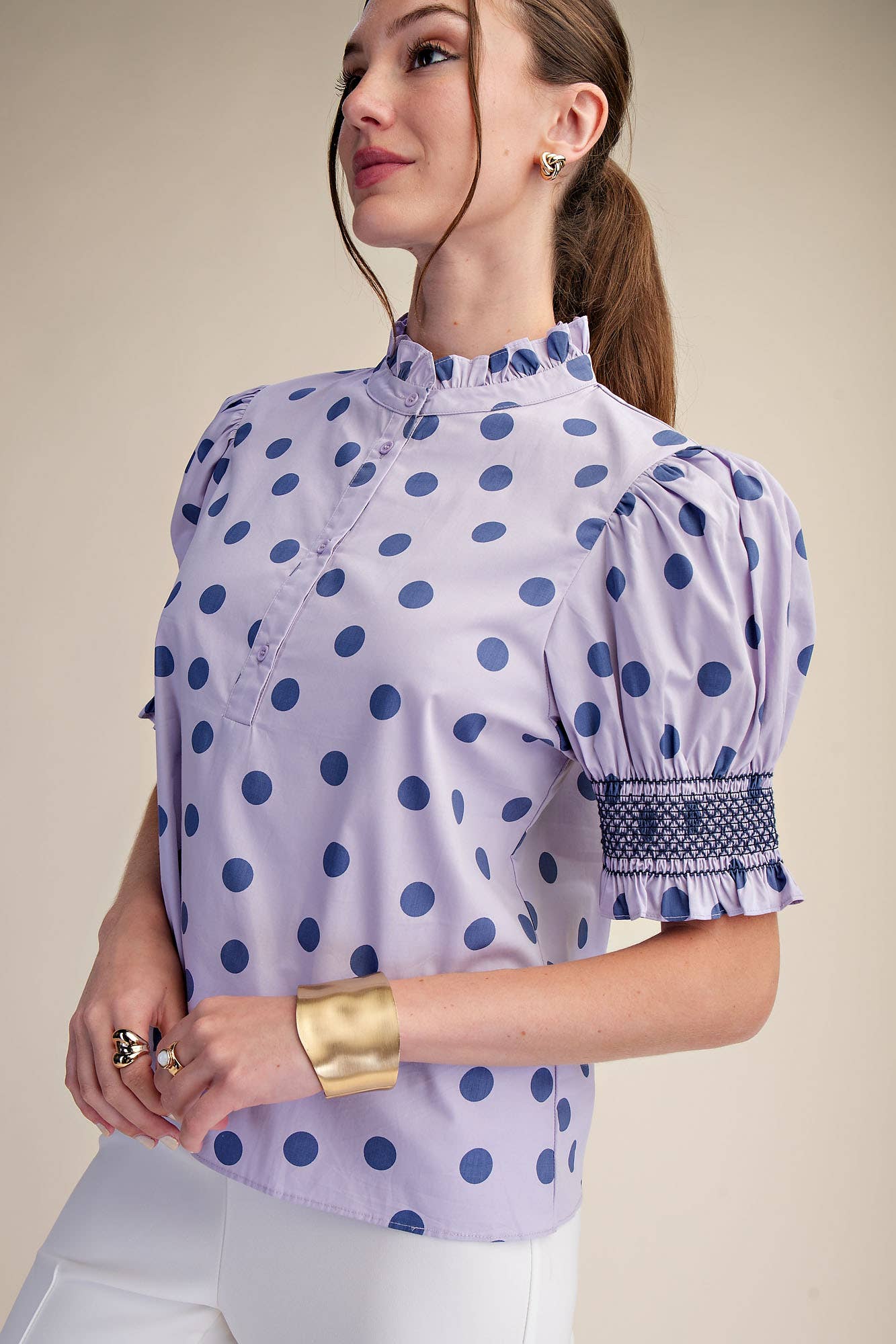 Ruffle neck Polka Dot Puff Sleeve Blouse