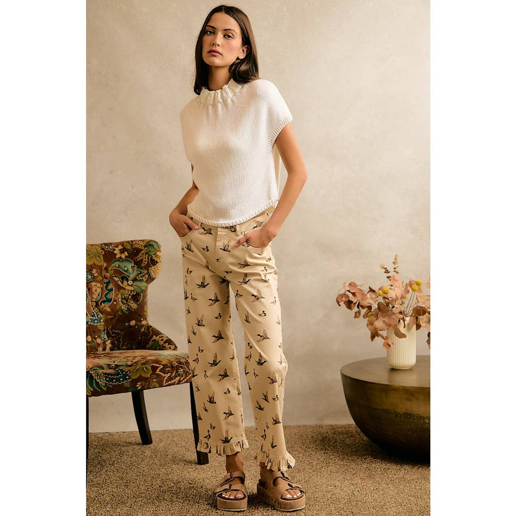 MALLARD DUCK PRINT RUFFLE LEG PANTS