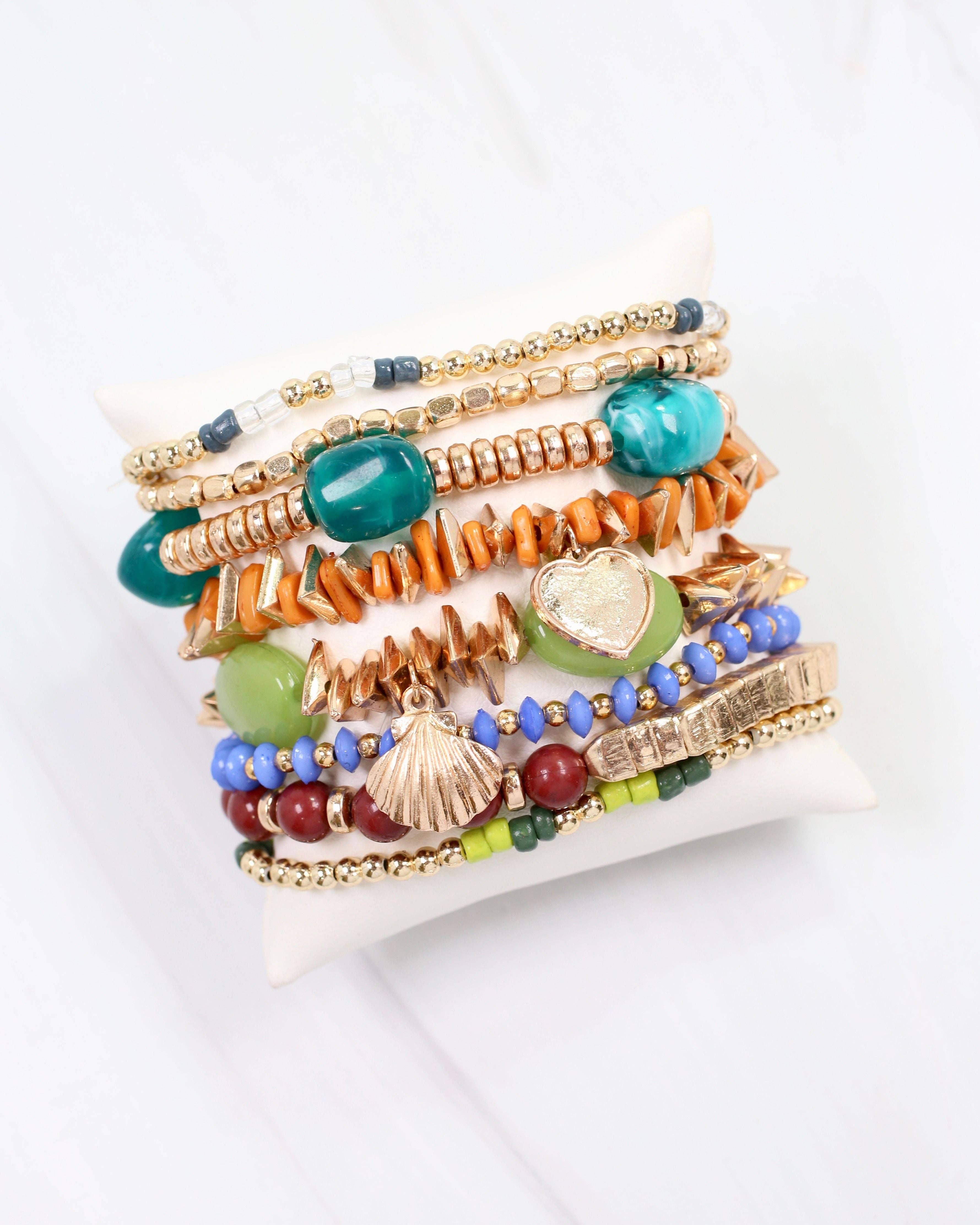 Beaded Stretch Bracelet Set Green Multi