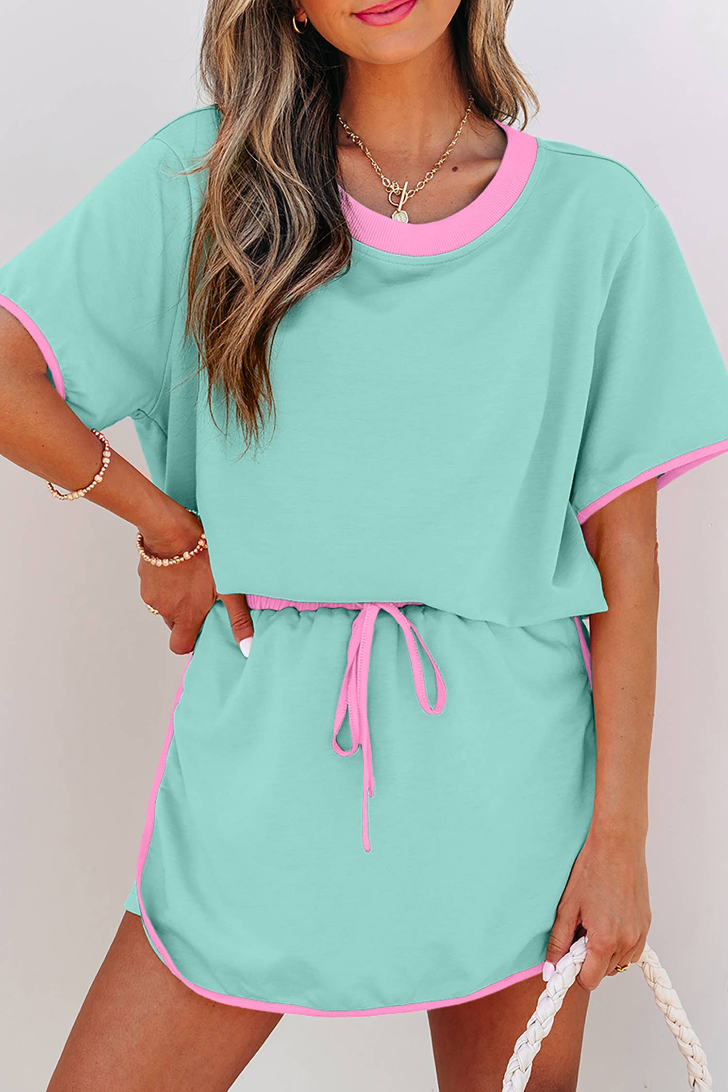 Colorblock Edge Drop Shoulder T Shirt and Skirt 2Pcs Set