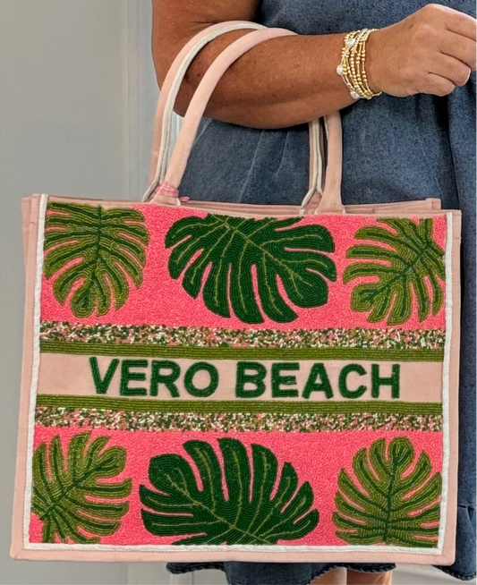Vero Beach Neon Pink & Green Beaded Leaf Tote