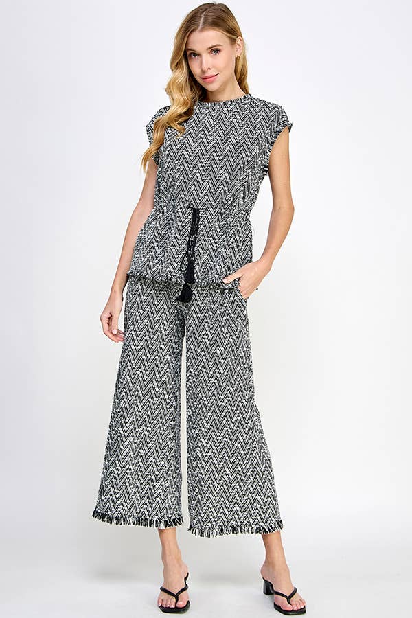 Chevron Wide-Leg Pants with Fringe Hem.