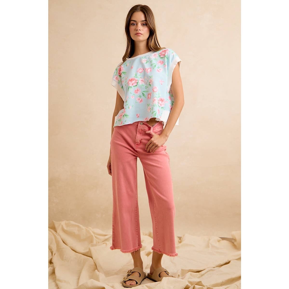 FLORAL PRINTED TERRY OPEN BACK SLEEVELESS TOP