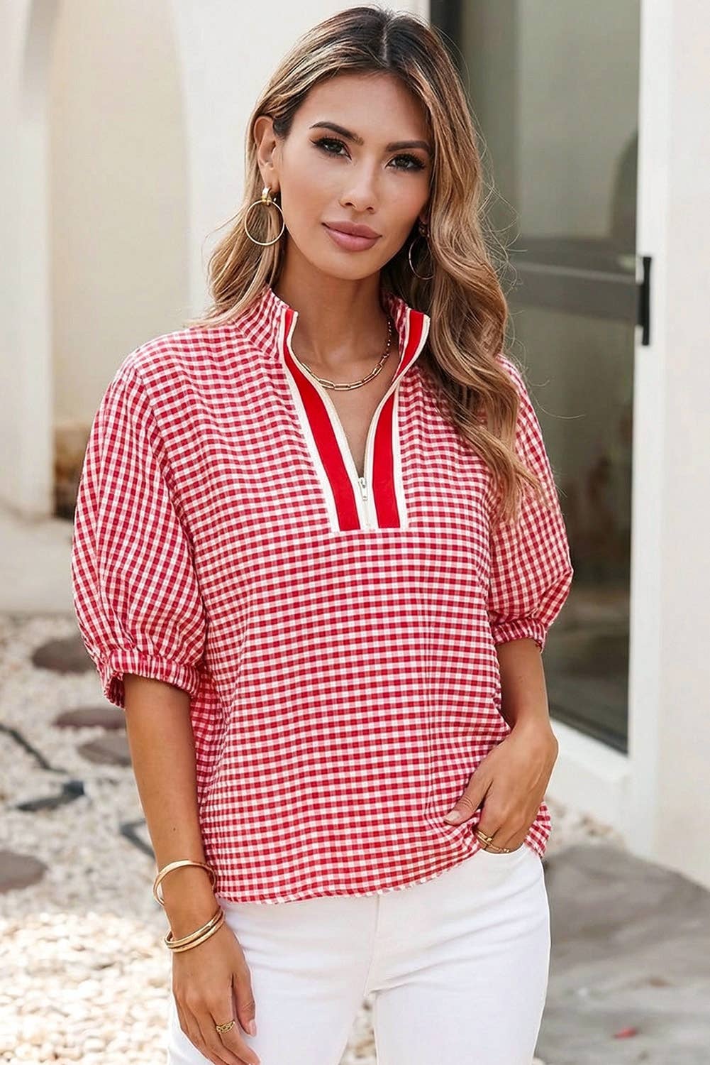 Gingham Split Neck Blouse