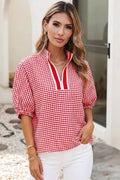 Gingham Split Neck Blouse
