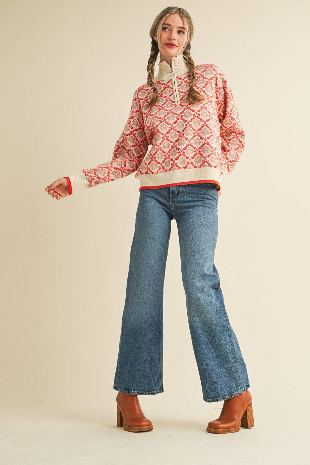 FLORAL MOCK NECK HALF ZIP PULLOVER
