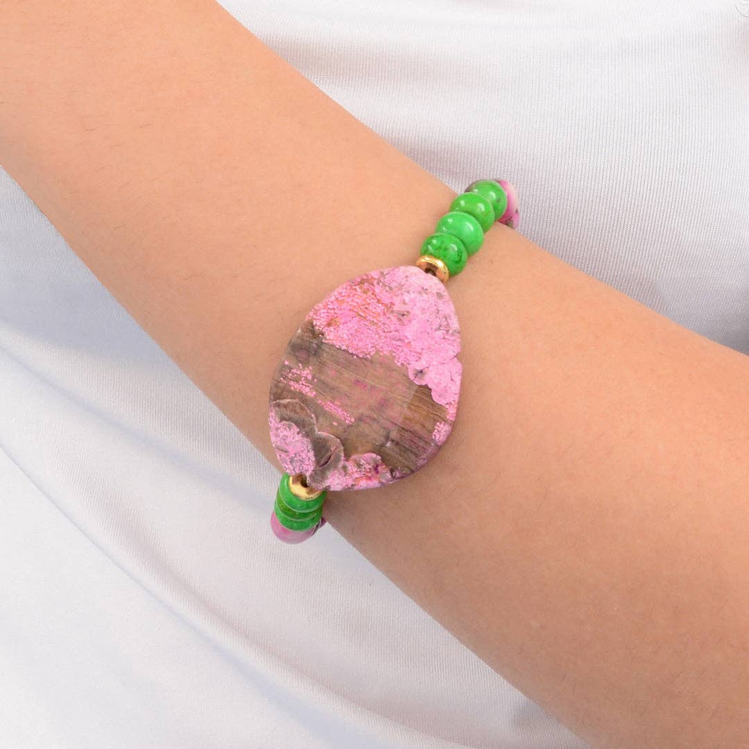 Watermelon 🍉 Pink Jasper and Green Jade Stretch Bracelet