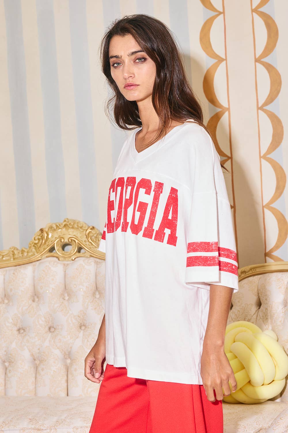 'GEORGIA' Print V-neck Football T-shirt Top