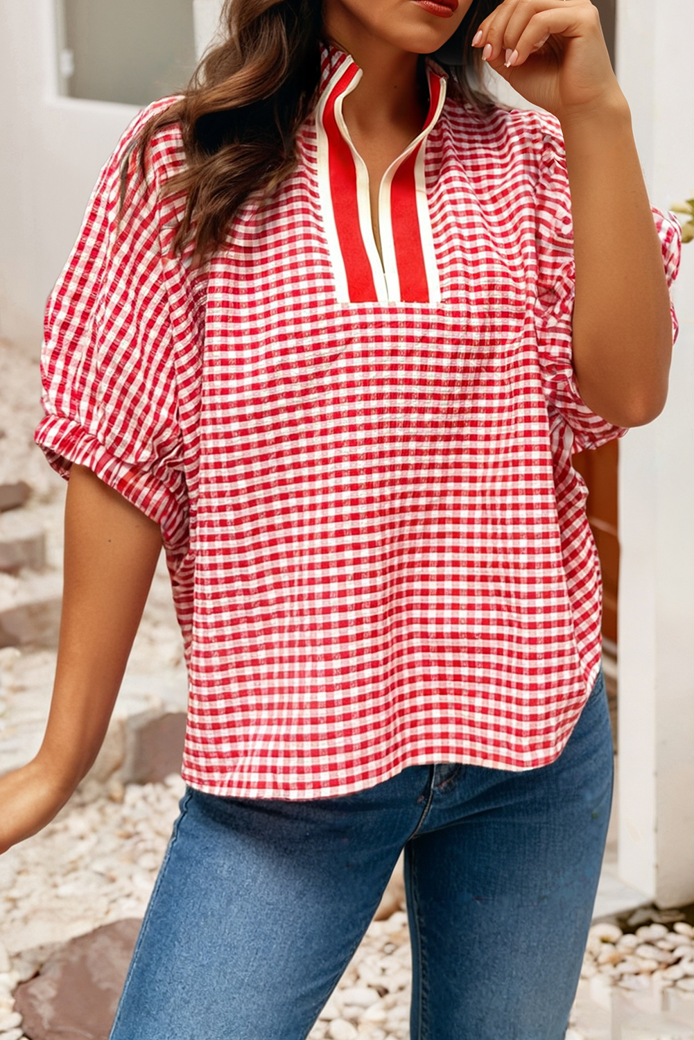 Gingham Split Neck Blouse