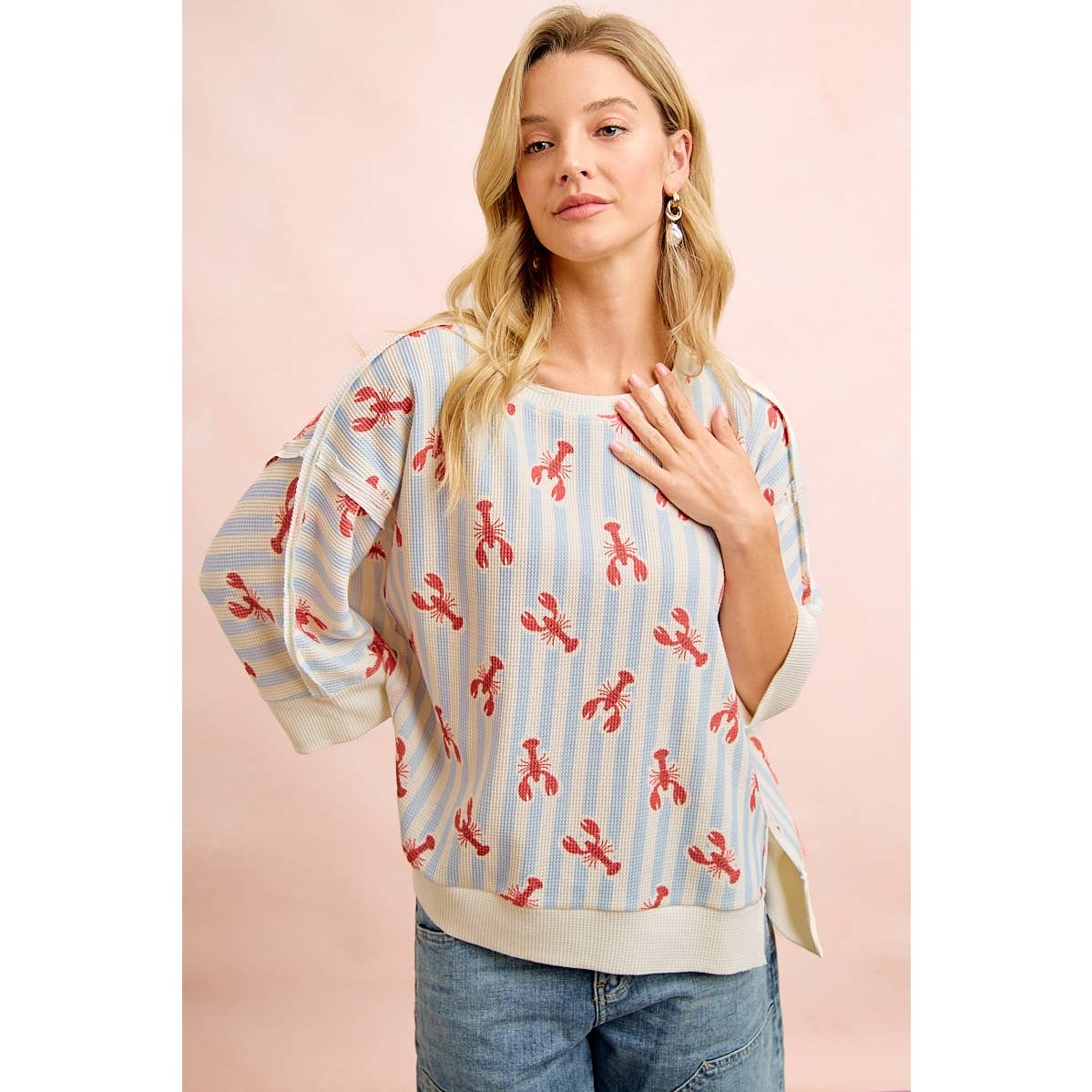 4TH OF JULY LOBSTERS STRIPE WAFFLE KNIT SLEEVE TOP