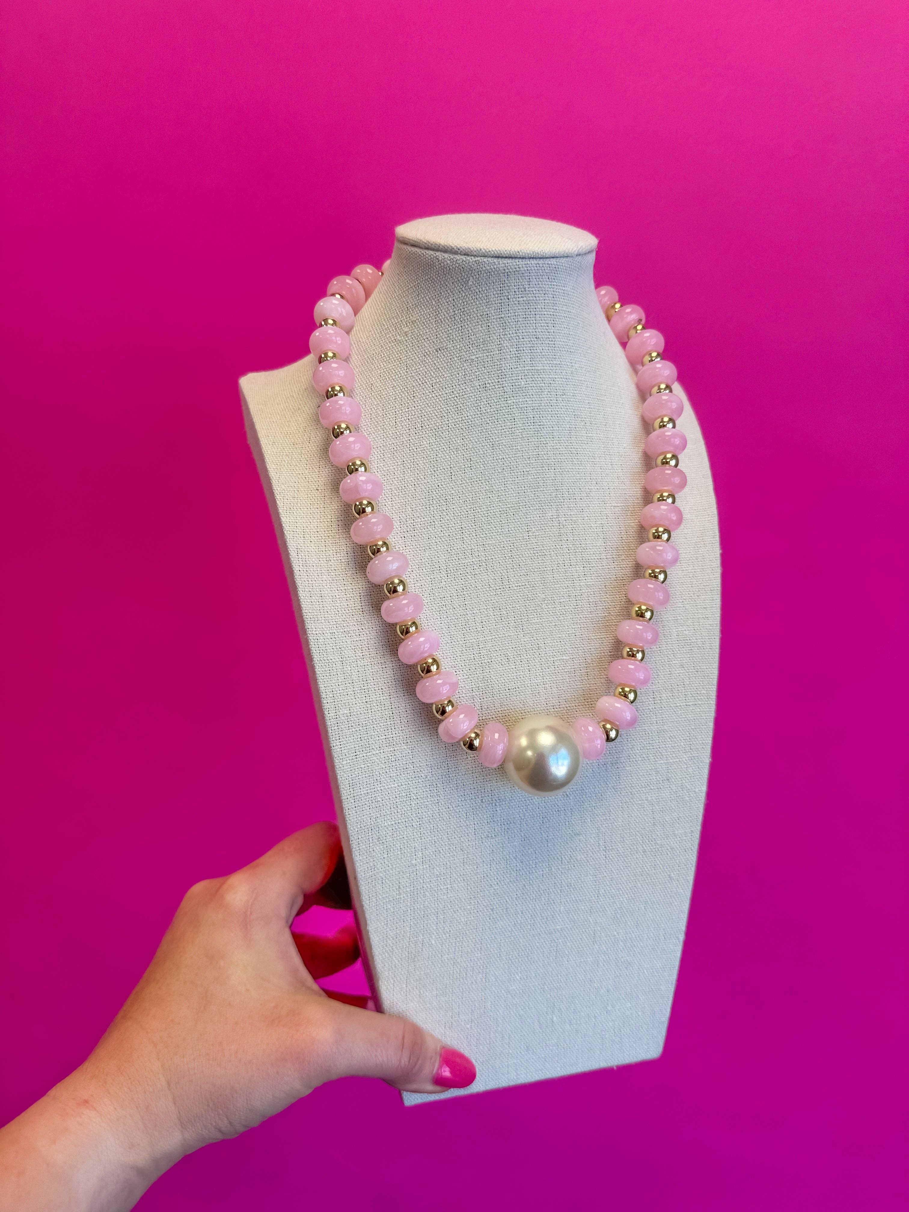 Bauble Bead with Pearl Necklace - Light Pink