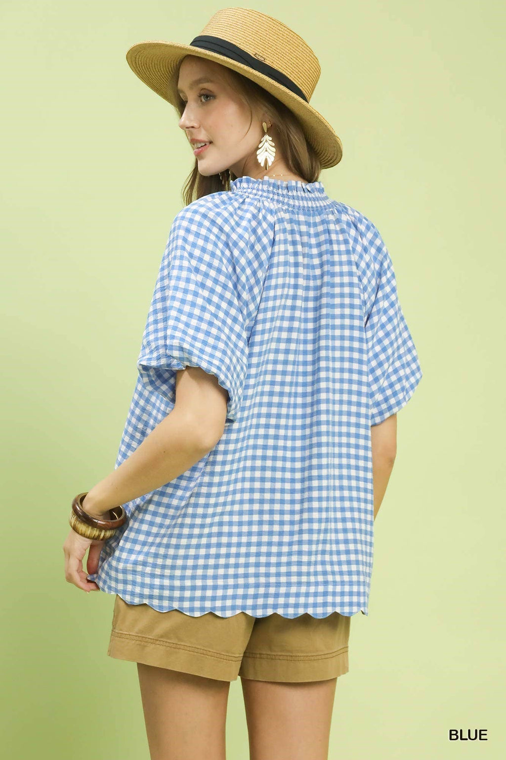 Gingham Bubble Sleeve V-neck Top