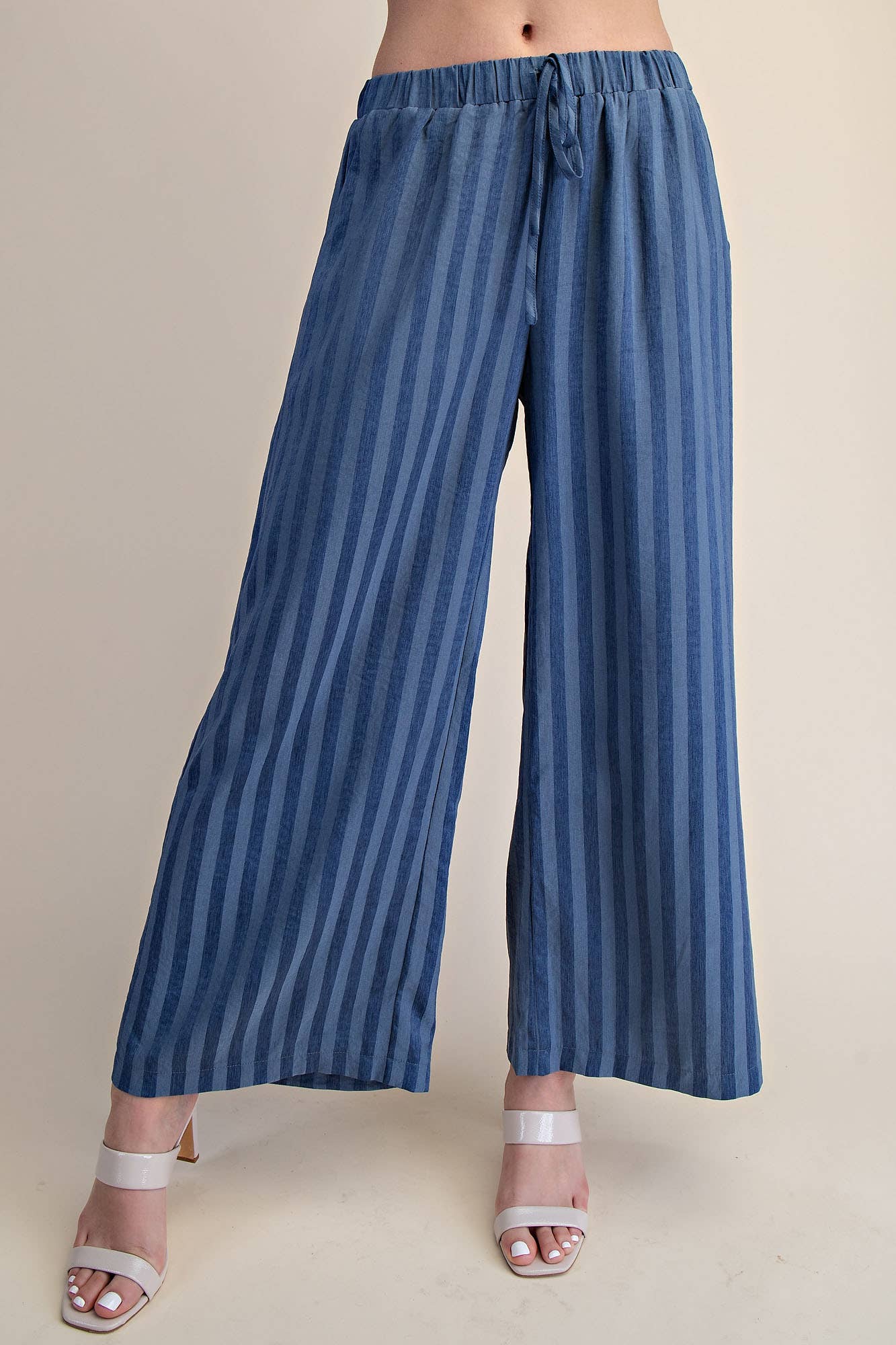 Elastic Band Drawstring Stripe Wide Pants