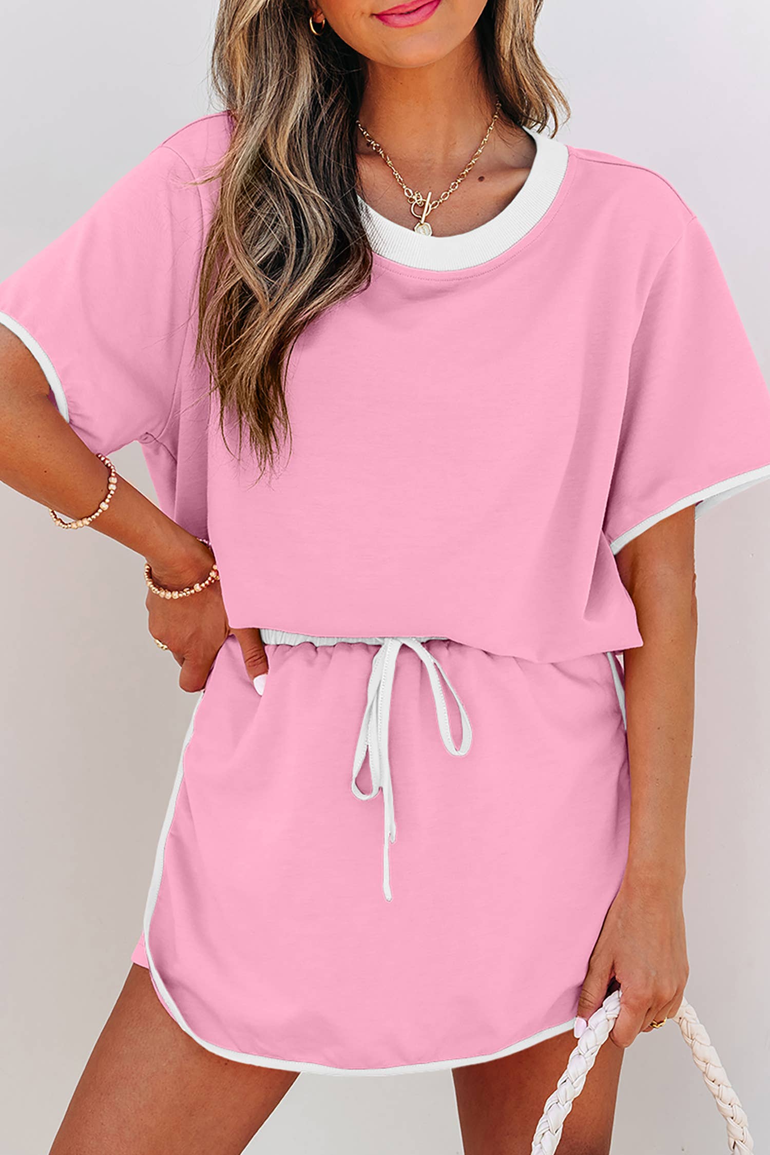 Colorblock Edge Drop Shoulder T Shirt and Skirt 2Pcs Set