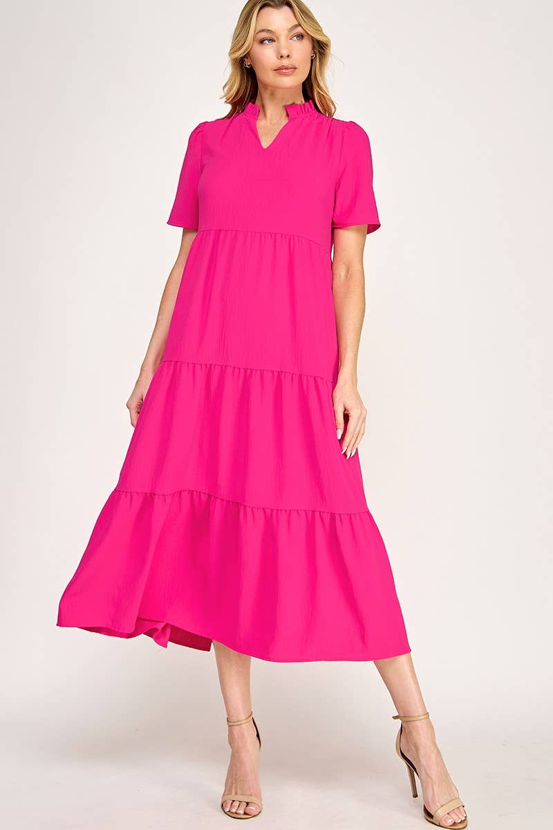 Solid Ruffled Neck Maxi Dress