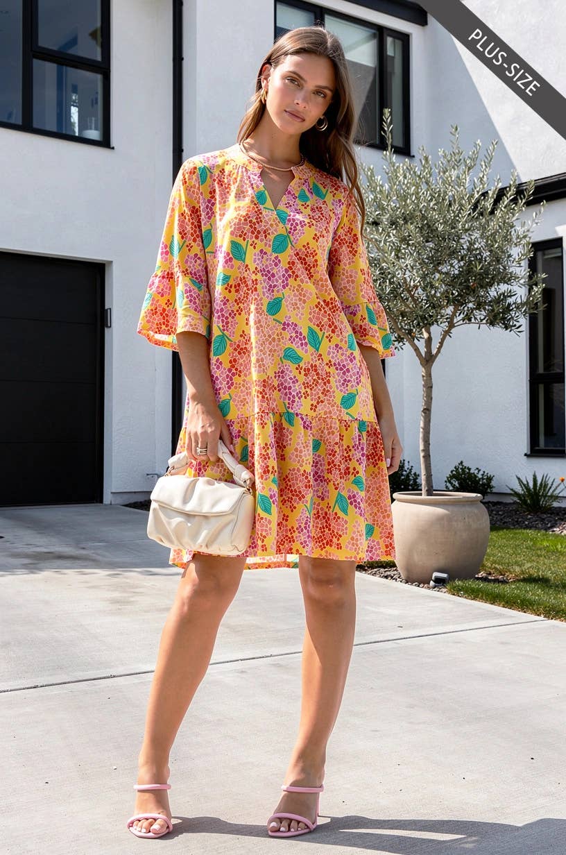 Floral Print Shirred Tiered 3/4 Sleeve Dress