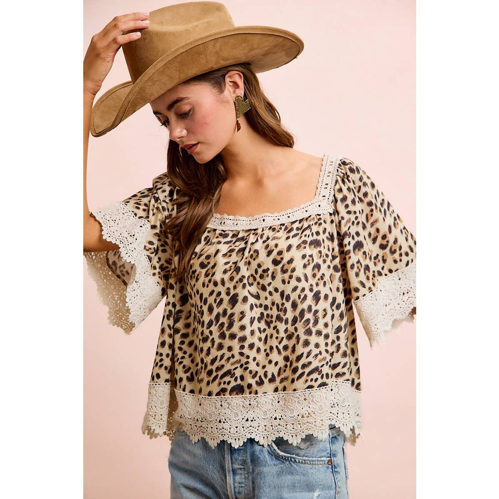 LEOPARD LACE MIX AND MATCH SQUARE NECKLINE TOP