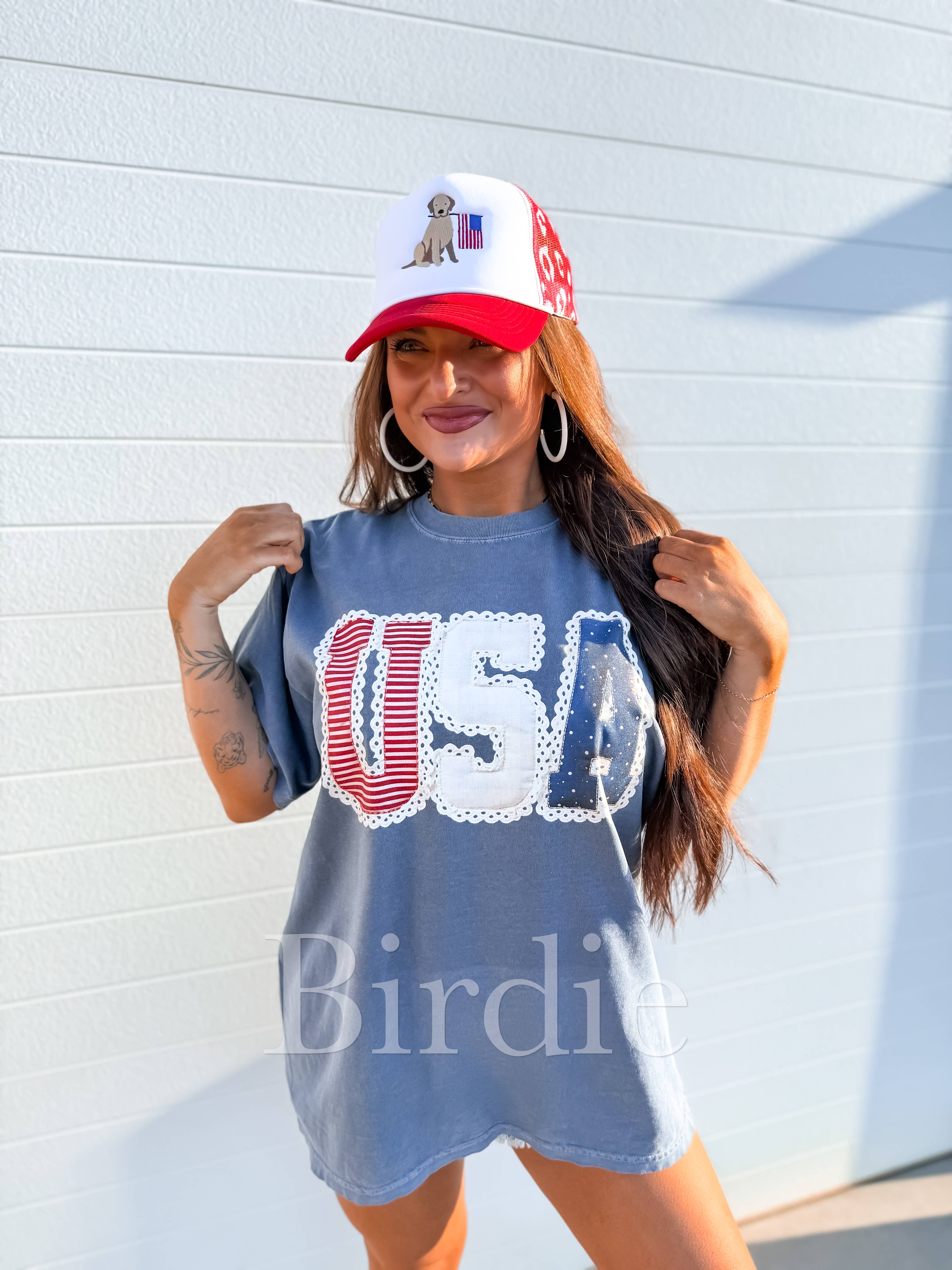 USA Lace Graphic Tee on Denim