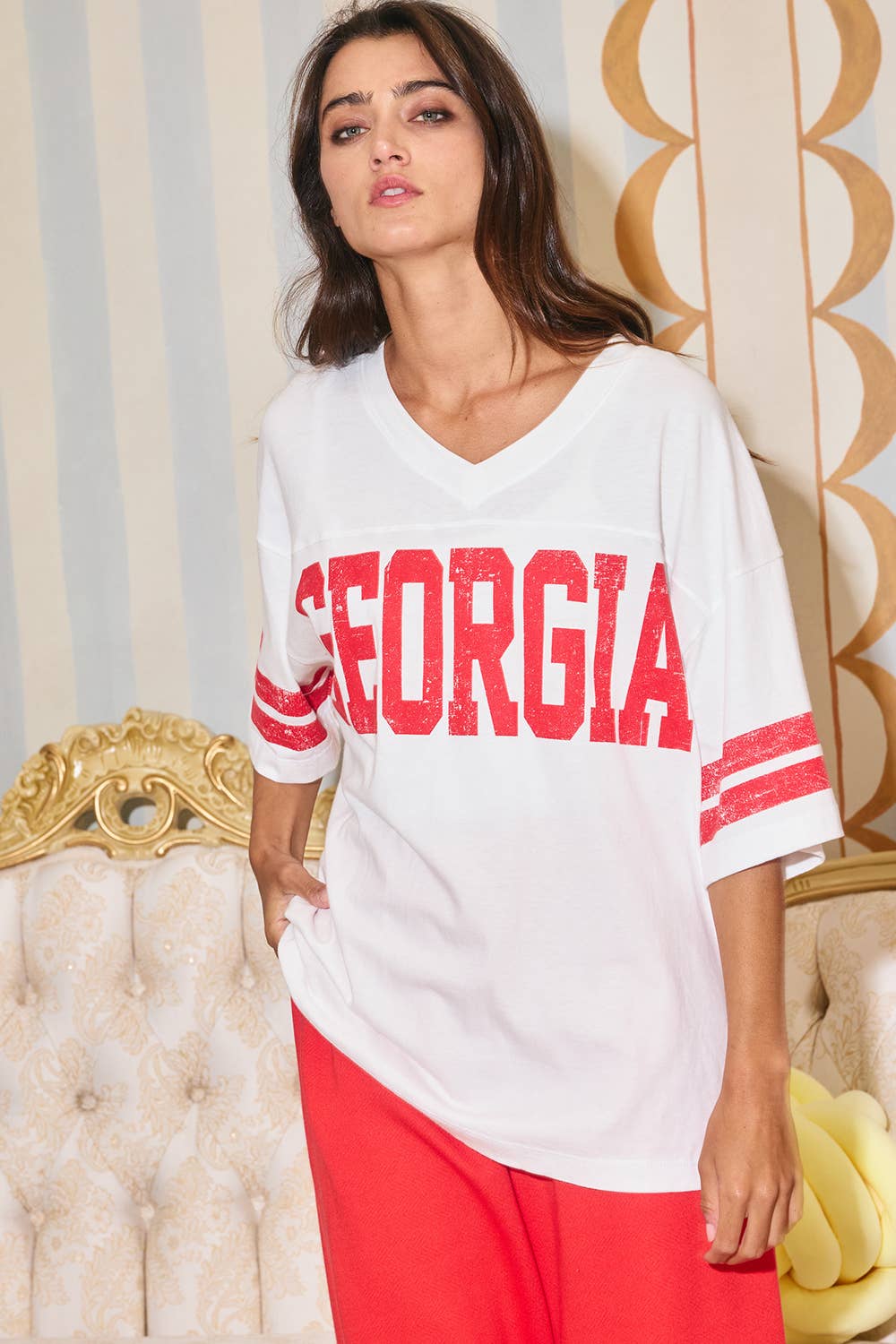 'GEORGIA' Print V-neck Football T-shirt Top