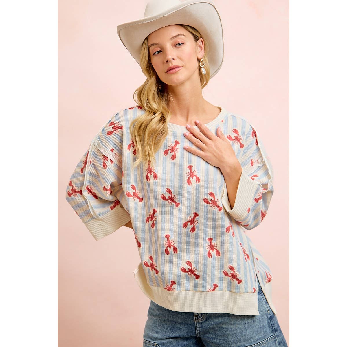 4TH OF JULY LOBSTERS STRIPE WAFFLE KNIT SLEEVE TOP