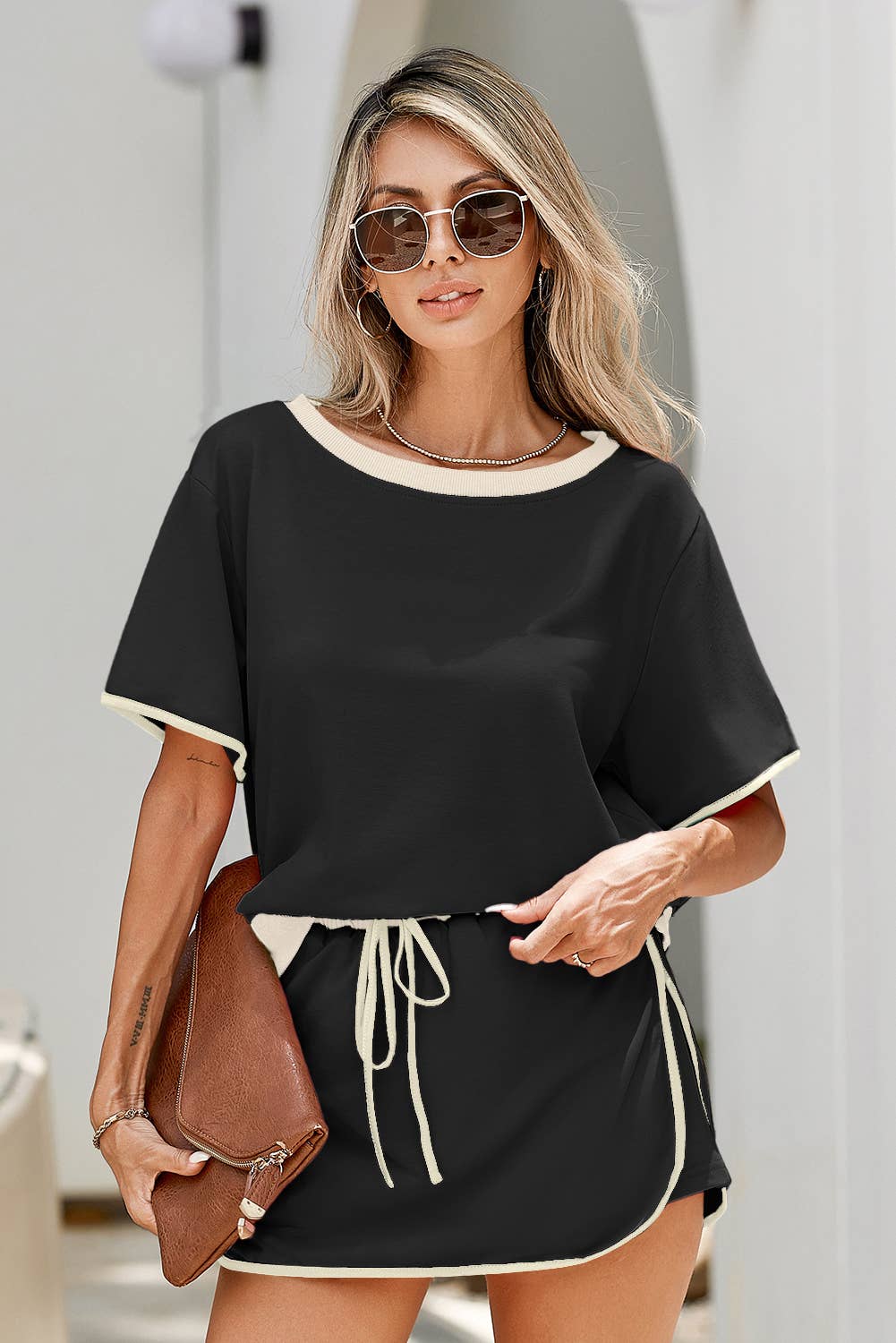 Colorblock Edge Drop Shoulder T Shirt and Skirt 2Pcs Set