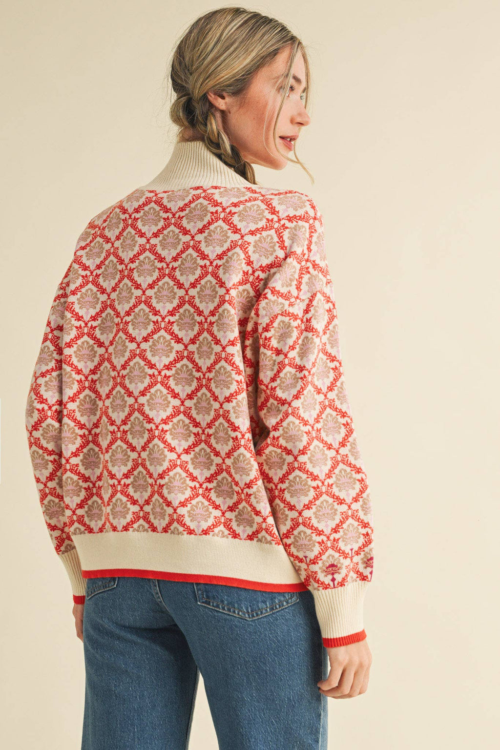 FLORAL MOCK NECK HALF ZIP PULLOVER