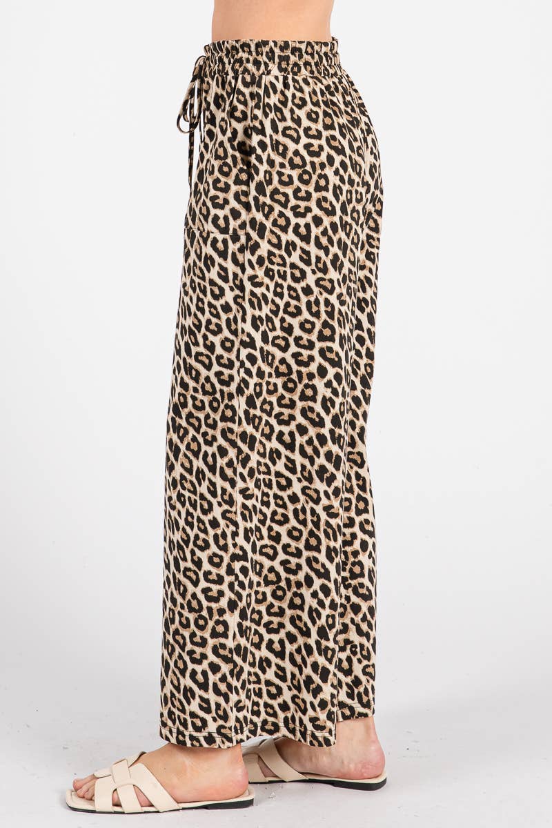 WASHED LEOPARD PRINT WIDE LEG PANTS