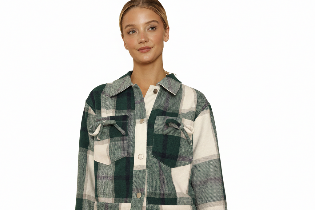 Cropped flannel jacket with bow detailing