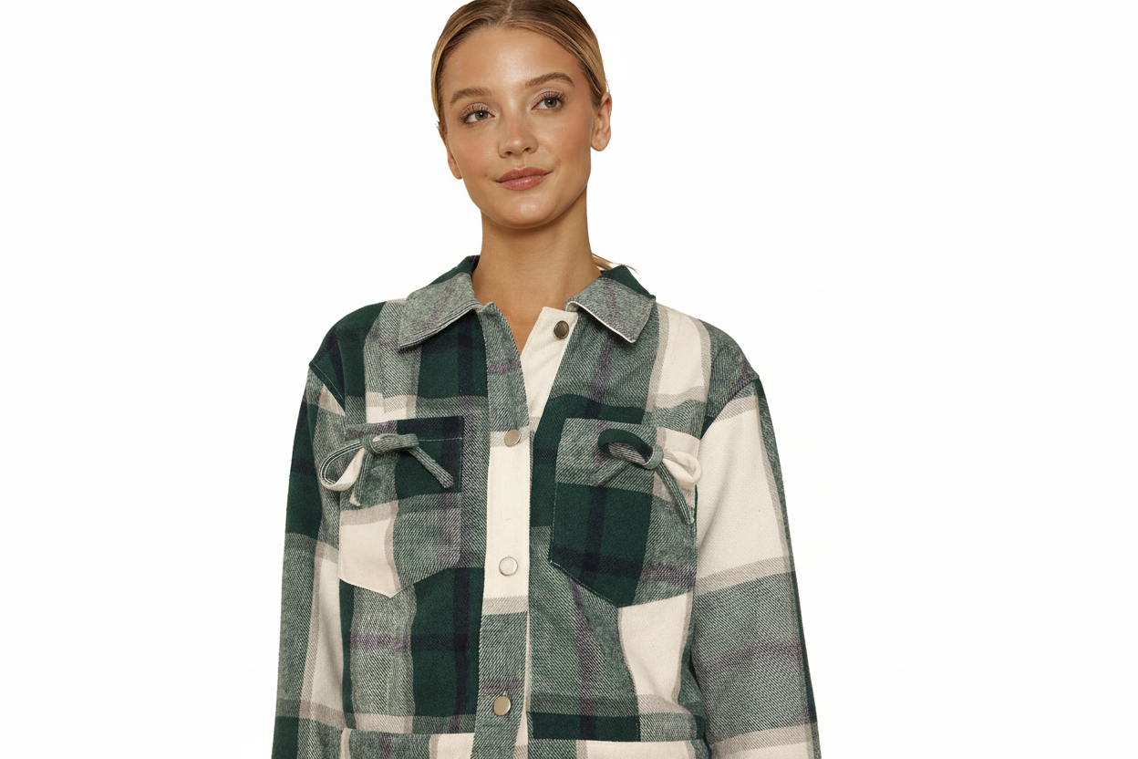 Cropped flannel jacket with bow detailing