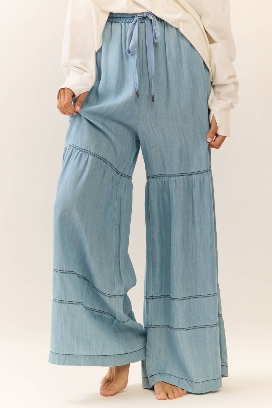 Washed Denim Wide Leg Pants