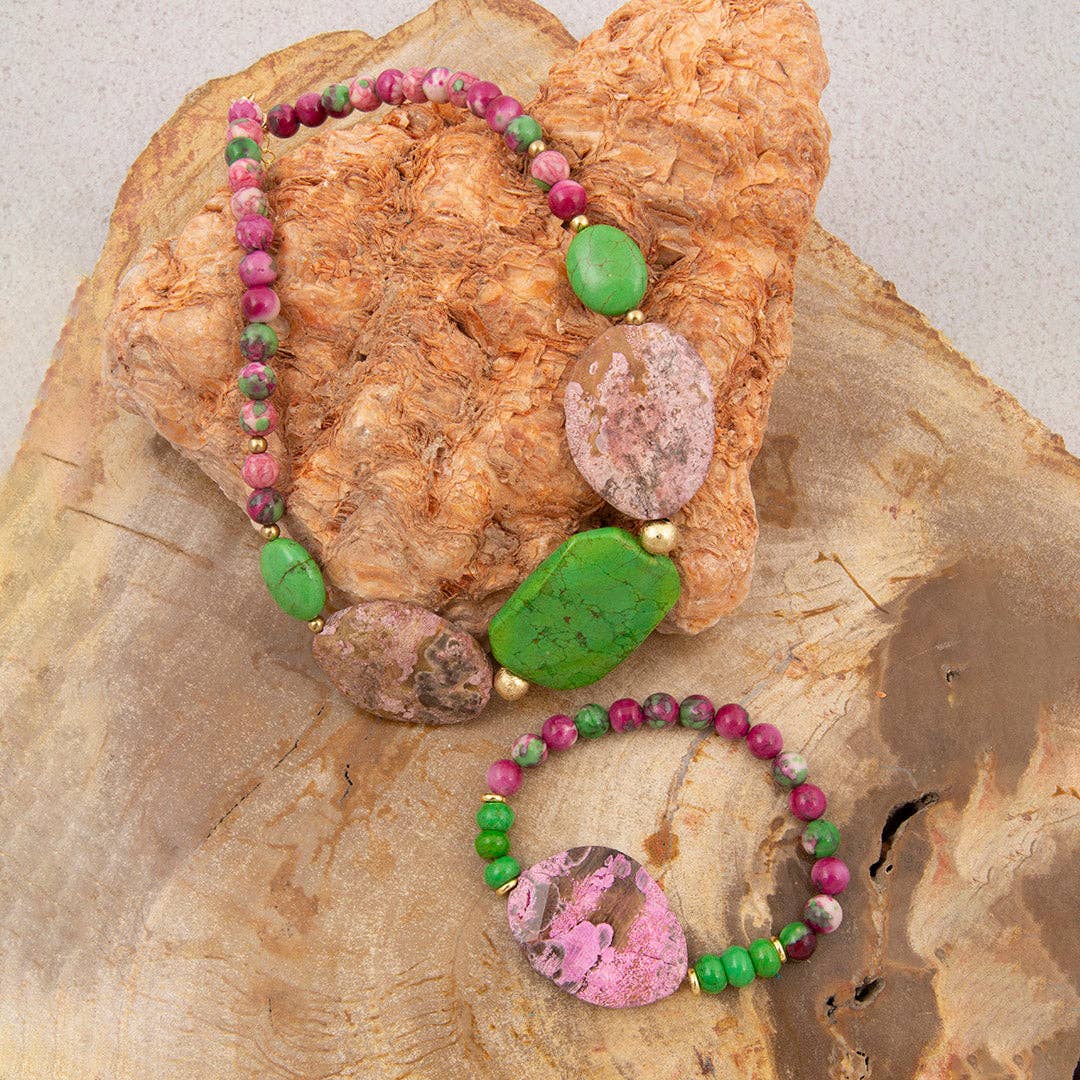 Watermelon 🍉 Pink Jasper and Green Jade Stretch Bracelet