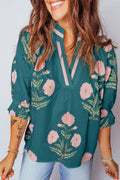 Wild Flower Print V Neck 3/4 Sleeve Blouse