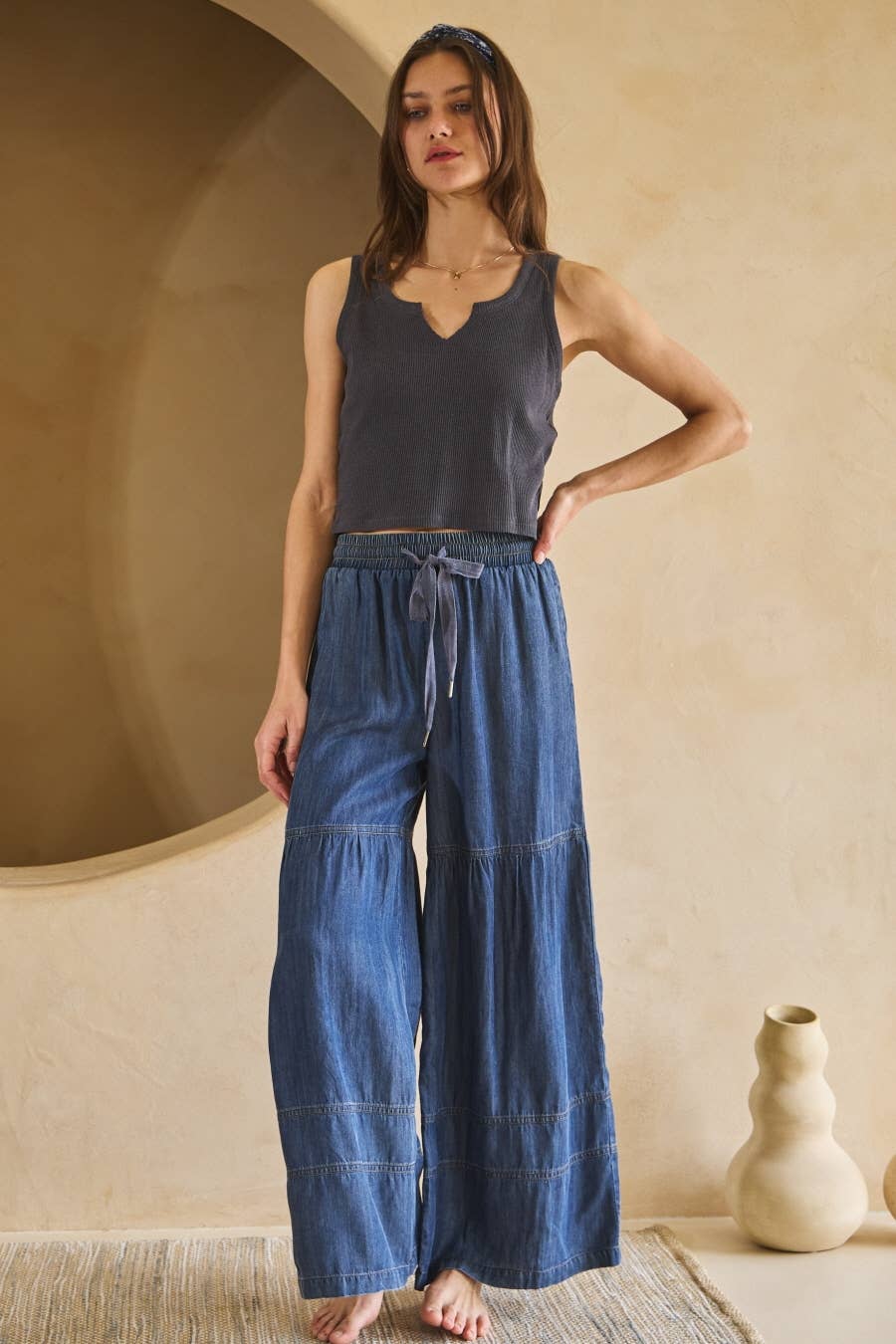 Washed Denim Wide Leg Pants