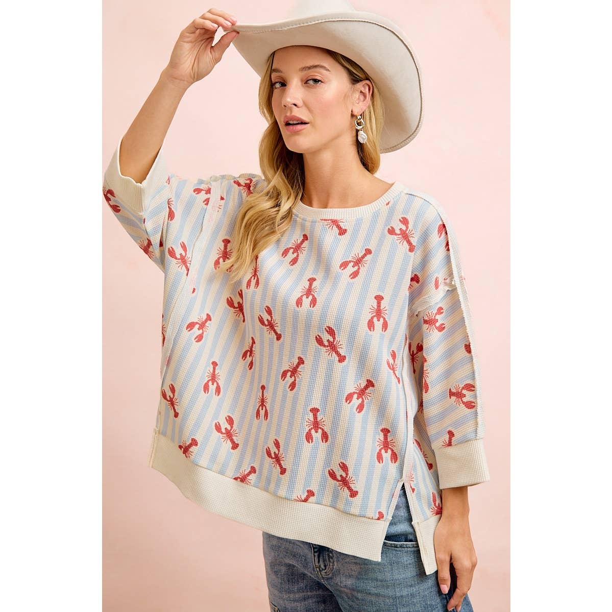 4TH OF JULY LOBSTERS STRIPE WAFFLE KNIT SLEEVE TOP
