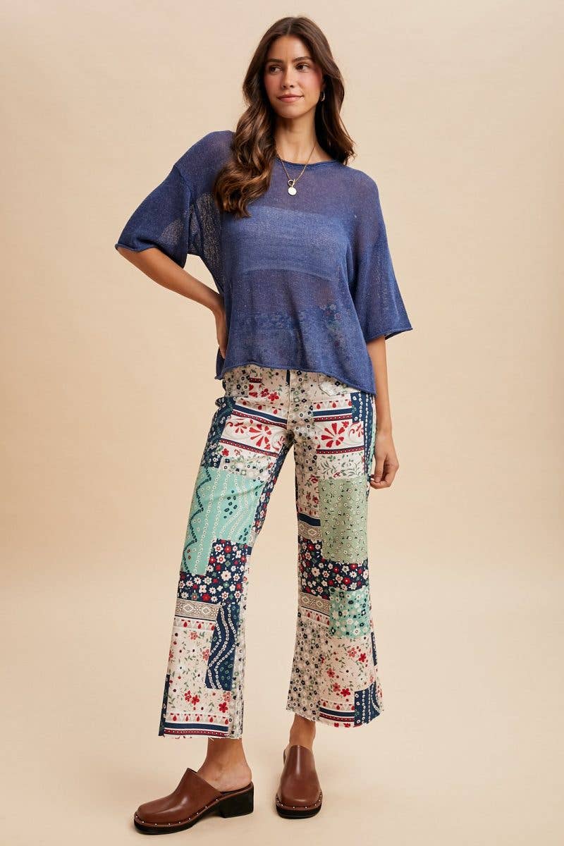 Floral Patchwork Print Cropped Flare Pants