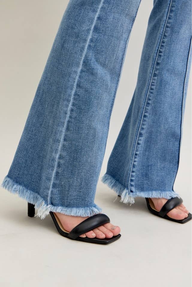 High Waisted Flare Front Pintuck Detail & Fray Hem