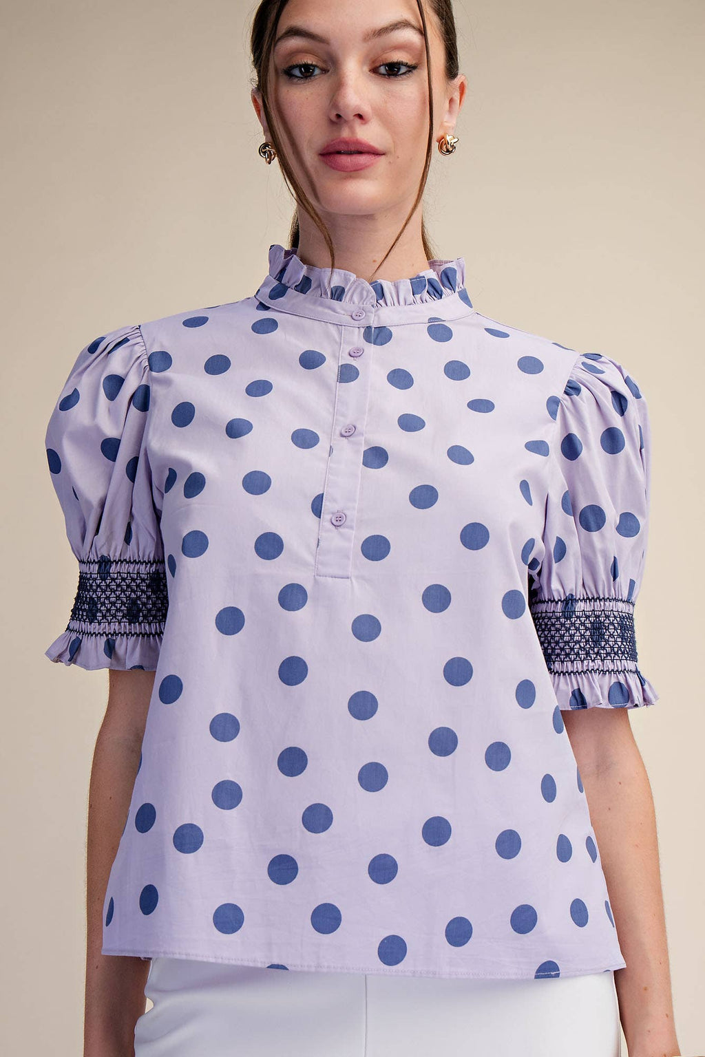 Ruffle neck Polka Dot Puff Sleeve Blouse