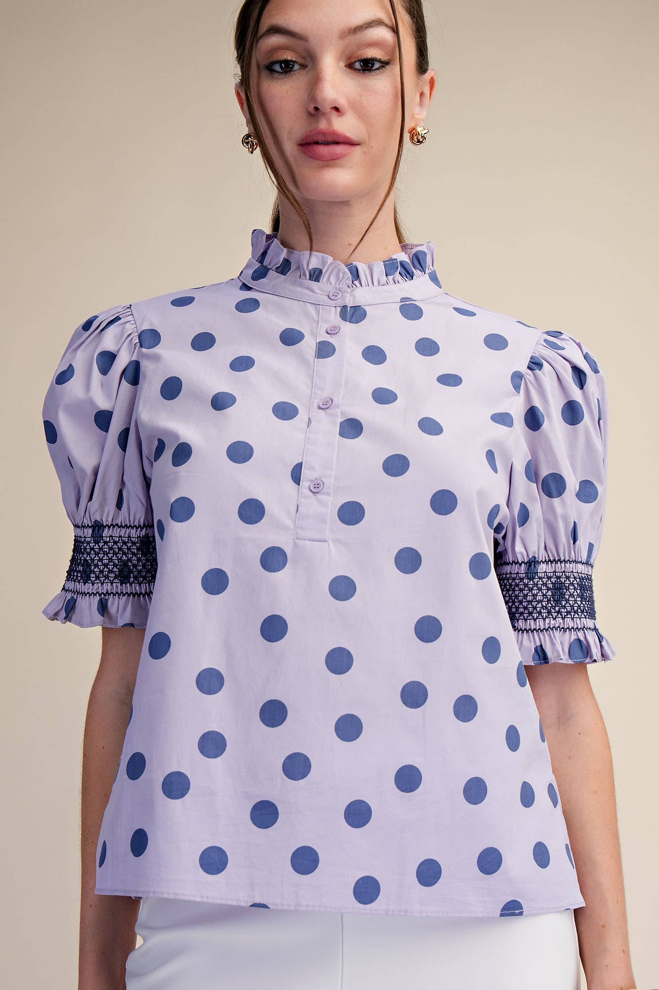 Ruffle neck Polka Dot Puff Sleeve Blouse