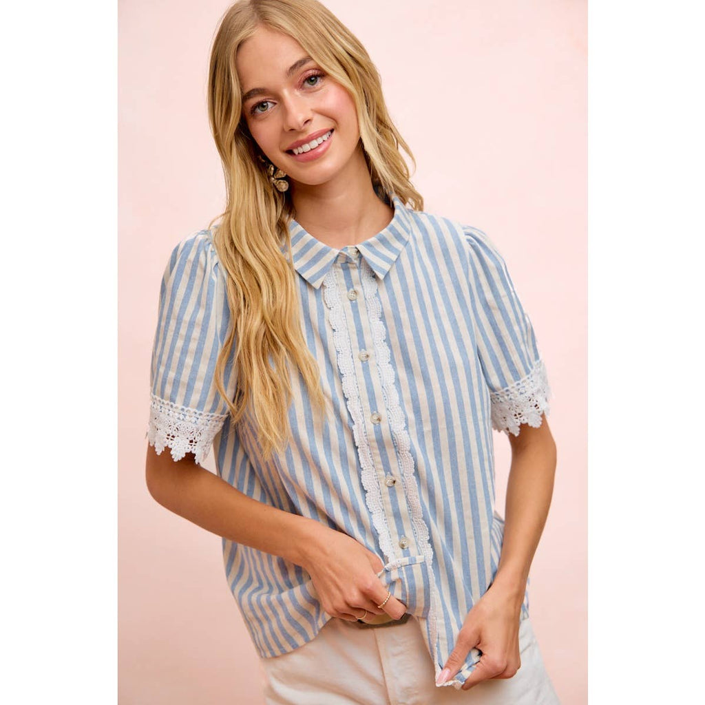 STRIPES LACE TRIM DETAIL SHORT SLEEVES BLOUSE