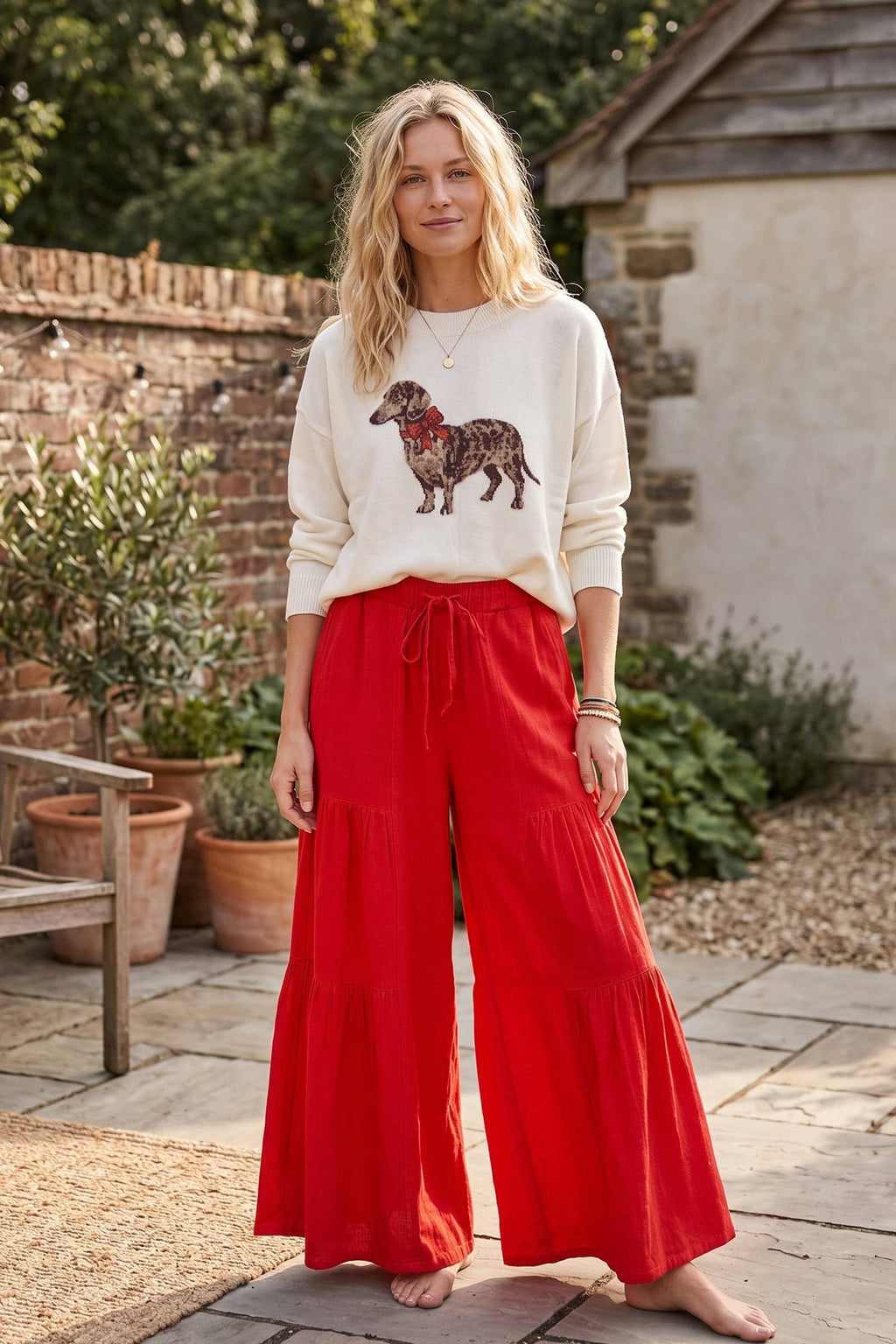 Linen Blend Tiered Wide Leg Palazzo Full Length Pants