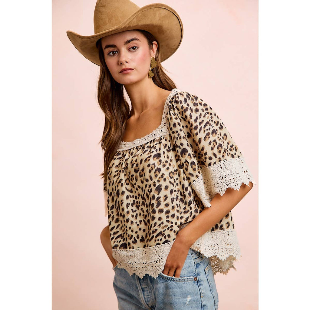 LEOPARD LACE MIX AND MATCH SQUARE NECKLINE TOP