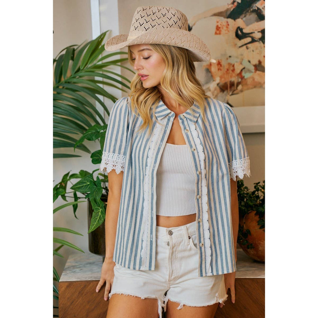 STRIPES LACE TRIM DETAIL SHORT SLEEVES BLOUSE