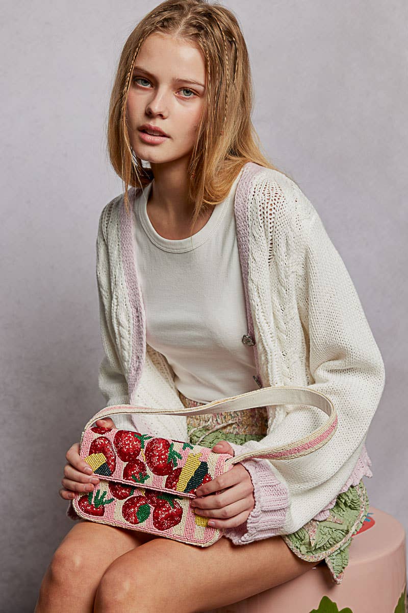 Pink Beaded Fruit Pattern Shoulder Flap Bag