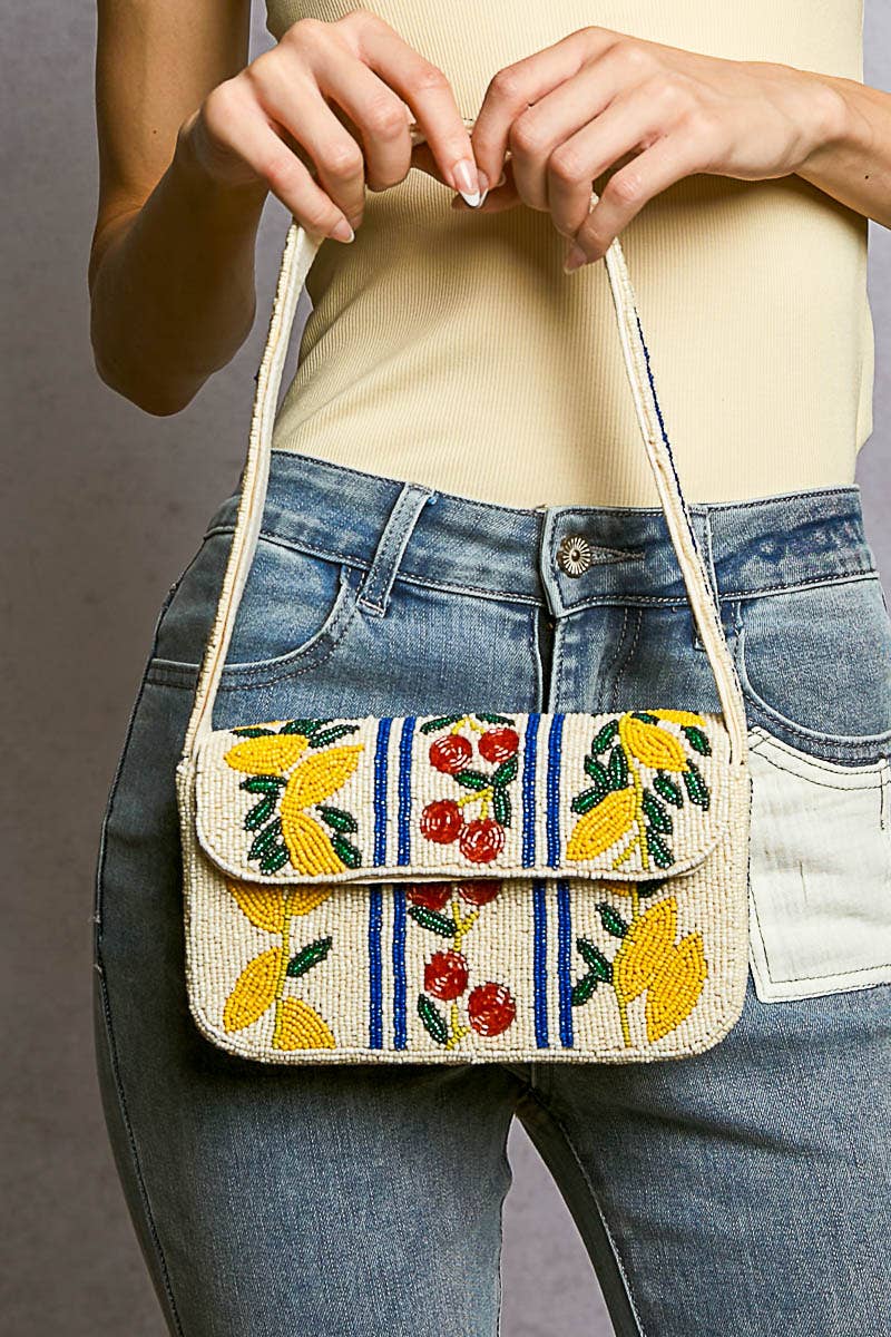 Beaded Cherry Pattern Flap Shoulder Bag