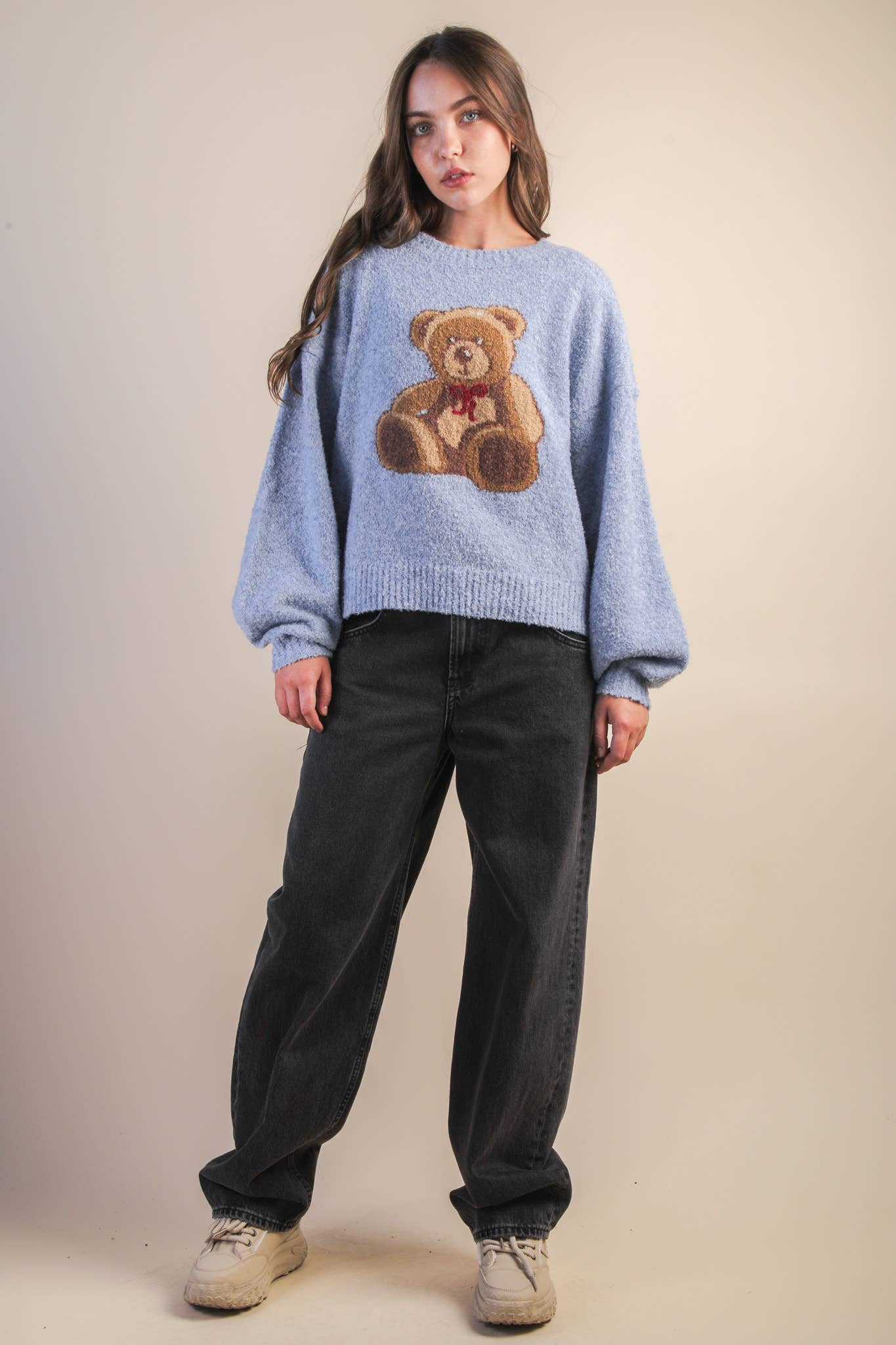 -Teddy Bear Graphic Cozy Sweater Knit Top